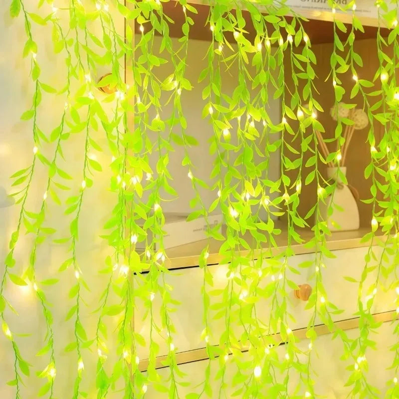 LED Green Leaf Fake Plant String Lights LED Battery Powered for Wall Room Office Home Bedroom Decor