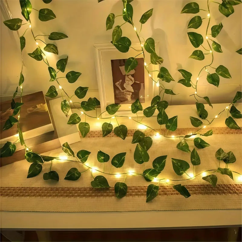 LED Green Leaf Fake Plant String Lights LED Battery Powered for Wall Room Office Home Bedroom Decor